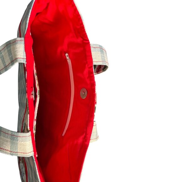 Handmade Color Block Purse Tote Red Blue Flowers Plaid - Picture 5 of 6